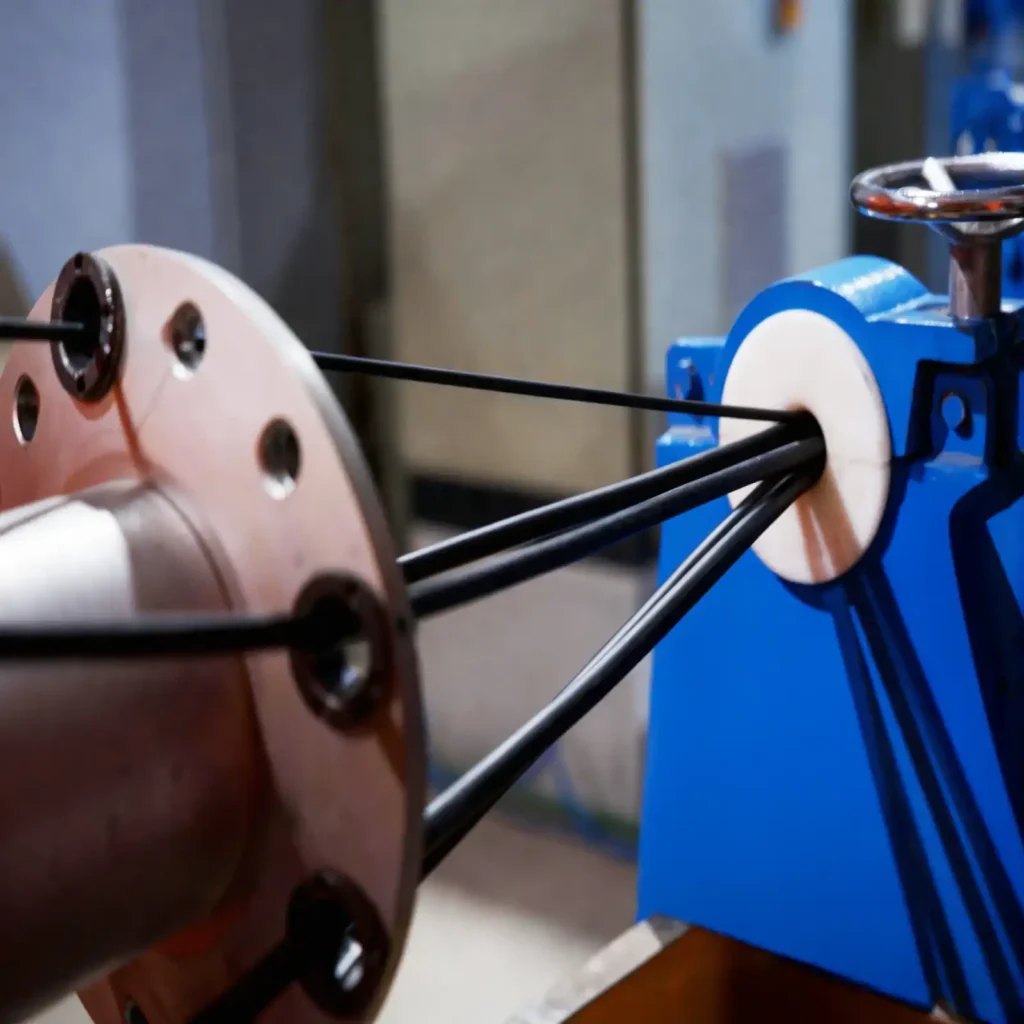 Cables being processed through extrusion machine in factory.