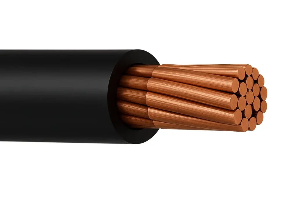 Copper wire strands inside black insulated cable sheath.