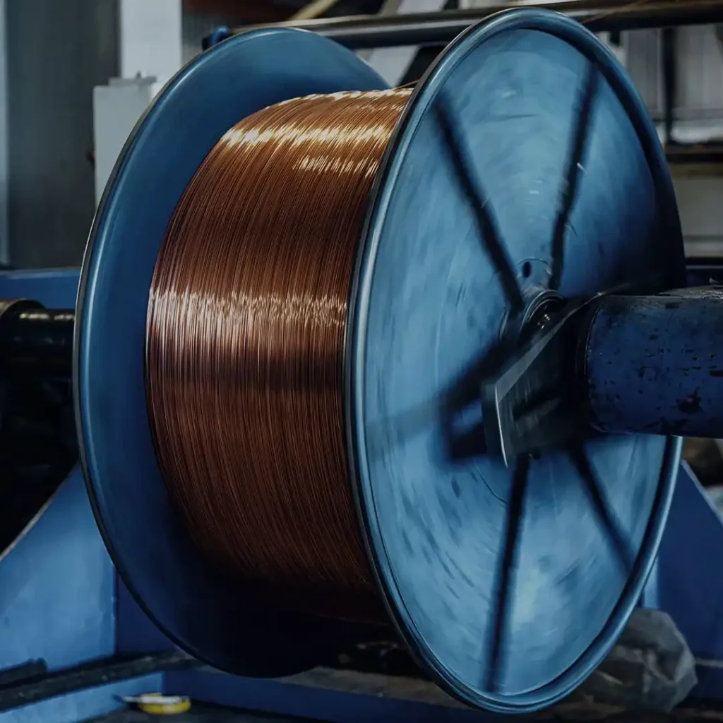 Copper wire being wound on a reel at the factory.