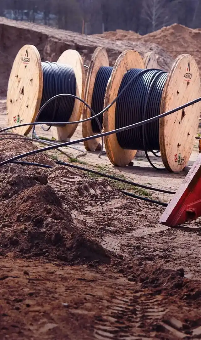Astro Cables' outdoor cable reels on a construction site.